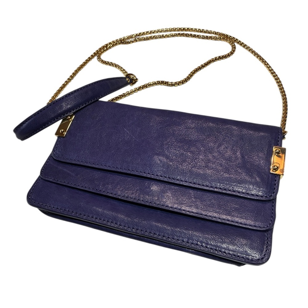 Stuart Weitzman Purple Leather Purse, Chain Wallet, Magnetic Button Closure, EUC